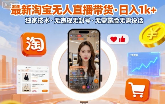 最新淘宝无人直播带货，日入1k+，独家技术，无违规无封号，无需露脸无需说话【揭秘】-资源整合网
