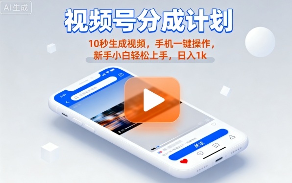 视频号分成计划懒人玩法，10秒生成视频，手机一键操作，新手小白轻松上手，日入1K【揭秘】-资源整合网