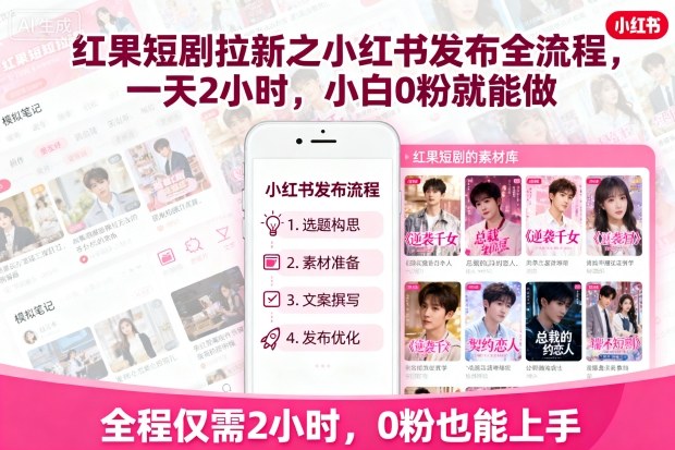 红果短剧拉新之小红书发布全流程，一天2小时，小白0粉就能做-资源整合网
