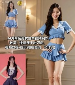 AI海军装美女跳舞视频制作教学，快速涨千粉万粉，视频教程+提示词(绘图词、动作词)-资源整合网